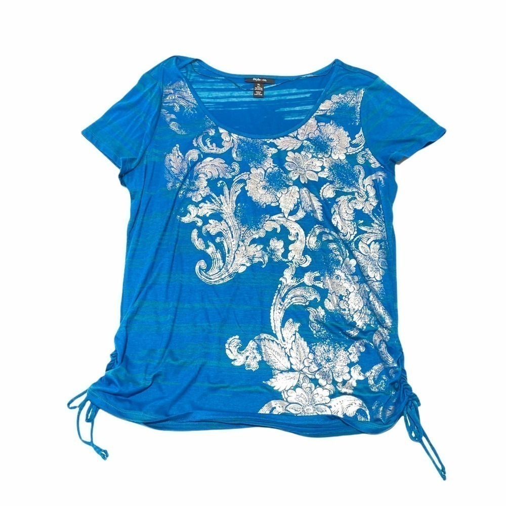 STYLE & Co Blue & Metallic Silver Graphic Short Sleeve Cinched Tie Waist Blouse
